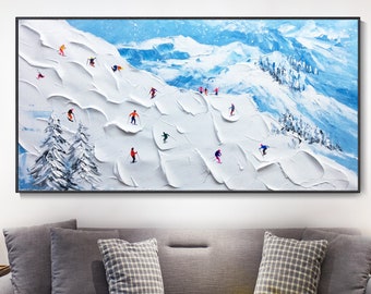 May include: A painting of a snowy mountain scene with skiers in colorful clothing. The painting is done in a textured style, with thick brushstrokes that give the impression of snow.