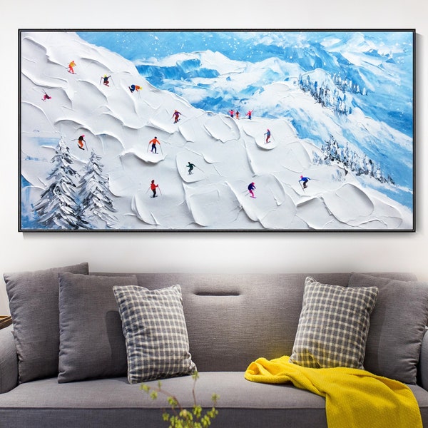 Quadro originale di sport sciistici su tela, arte murale decorativa invernale, pittura a olio di sciatore di montagna innevato, regalo