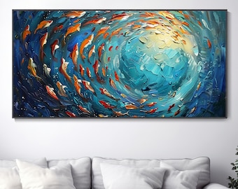 Abstract Blue Underwater World Art, Original School of Fish Oil Painting On Canvas, Ocean Painting, Living Room Wall Art, Custom Painting