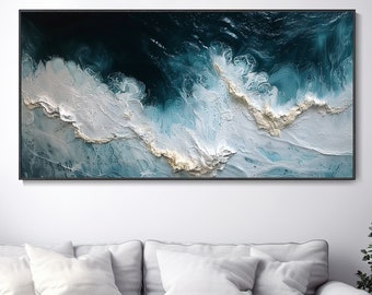 3D Blue Sea Canvas Texture Art White Waves Wabi-Sabi Minimalist Beach Painting Mural Ocean Wave Canvas Wabi-Sabi Wall Art Trendy Living Room