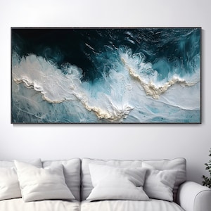 3D Blue Sea Canvas Texture Art White Waves Wabi-Sabi Minimalist Beach Painting Mural Ocean Wave Canvas Wabi-Sabi Wall Art Trendy Living Room