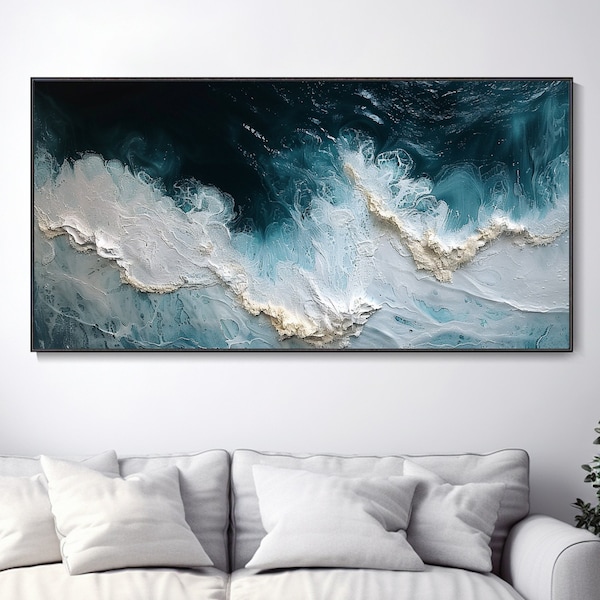 3D Blue Sea Canvas Texture Art White Waves Wabi-Sabi Minimalist Beach Painting Mural Ocean Wave Canvas Wabi-Sabi Wall Art Trendy Living Room