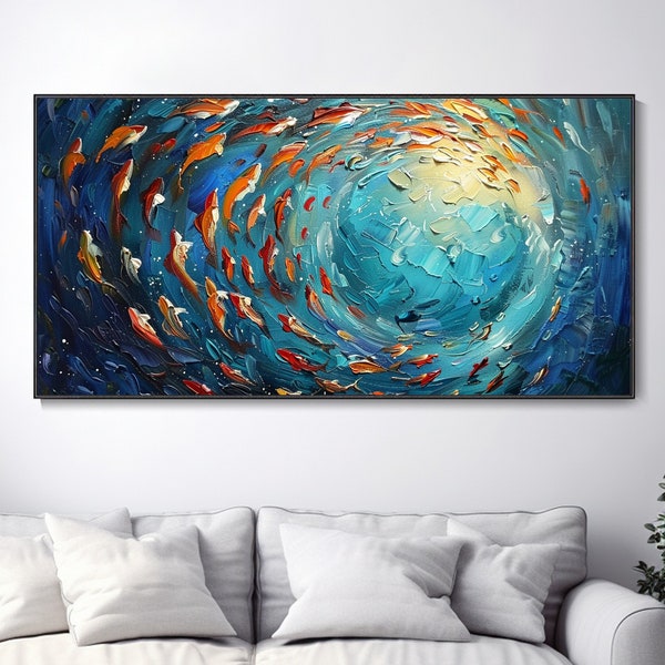 Abstract Blue Underwater World Art, Original School of Fish Oil Painting On Canvas, Ocean Painting, Living Room Wall Art, Custom Painting