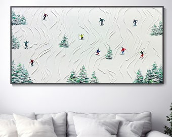 Dipinto originale di paesaggio sciistico Olio su tela Textura spessa con spatola Decorazione moderna per soggiorno e studio Regalo d'arte