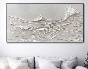 Original 3D White Mountain Landscape Oil Painting Ivory Wabi-Sabi Vibe Large Gypsum Texture Canvas Knife Art Boho Modern Wall Decor Textured