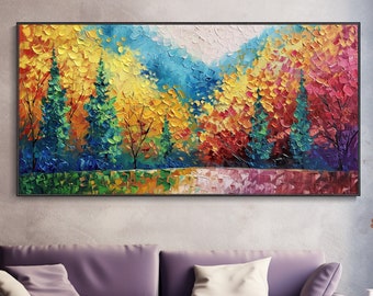 Dipinto ad olio astratto di foresta colorata su tela opera originale decorazione d'arte da parete per soggiorno autunnale per camera da