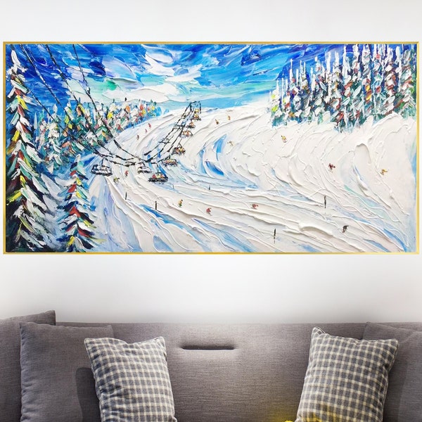 Skier On Snow, Abstract White Snow Texture Oil Painting, Original Ski Race Sportsman Sanctuary, Landscape Hand Knife Painting Works Of Art