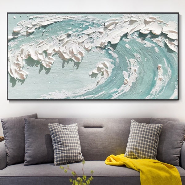 Abstract Ocean Painting, GiantWave Sea Painting, Canvas Sea Landscape Painting, Palette Knife Painting, Original Blue Sea Art Wall Painting
