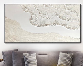 Minimalist White Wabi-Sabi Ocean Abstract Landscape Thick Texture Knife Painted Hand Canvas Oil Painting Modern Living Room Wall Decor