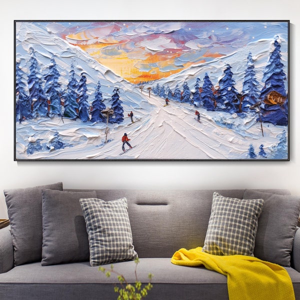 3D Skiing Modern Scenery Hand Art Canvas Texture Painting Pine Forest Winter Decor Home Wall Art White Snow Mountain Sunrise Christmas Gift