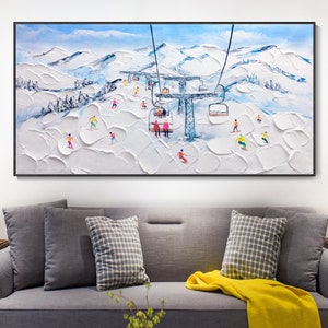 Original Custom Hand Textured Wall Art, Original Ski Sports Painting On Canvas, Skier Personalized Gift, Snowy Mountain Skiing Oil Painting