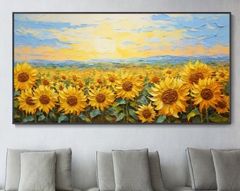Abstrakcyjny obraz olejny na płótnie słonecznika kwiatowy krajobraz tekstury sztuki obraz dekoracji salonu prezent na parapetówkę oryginalny