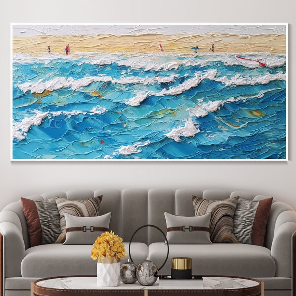 Pleasure Coast Landscape Art, Blue Ocean Canvas Painting, Waves Hand Painted Decoration, Living Room Decoration, Personalised Gift, Abstract