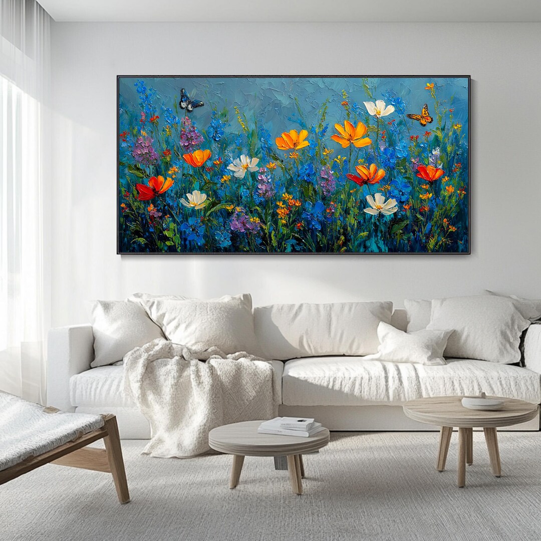 Original Garden Painting on Canvas Blue Background 3D Textured Floral ...