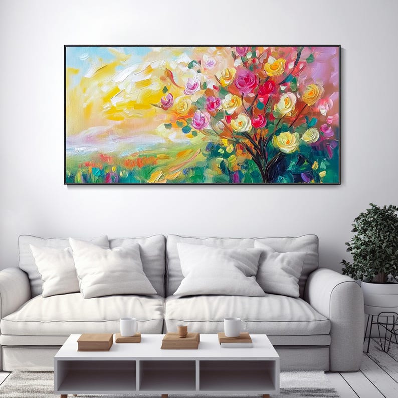 Large Wall Handpainted Colorful Blossoming Tree Canvas Oil Painting