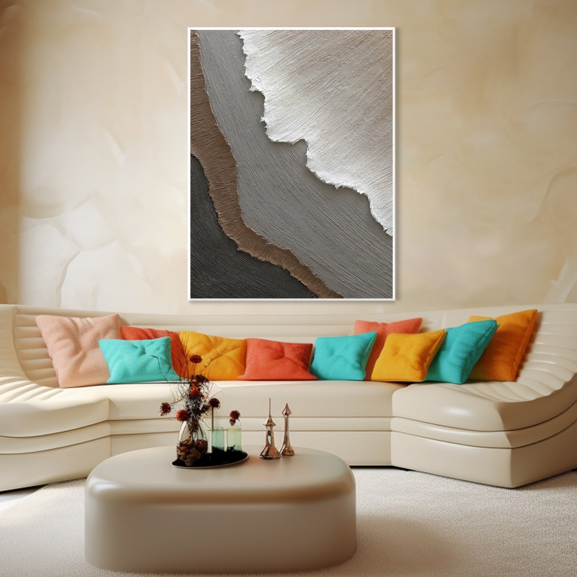 3D Minimalist Ocean Painting on Canvas Textured Wall Art Earth Tone ...