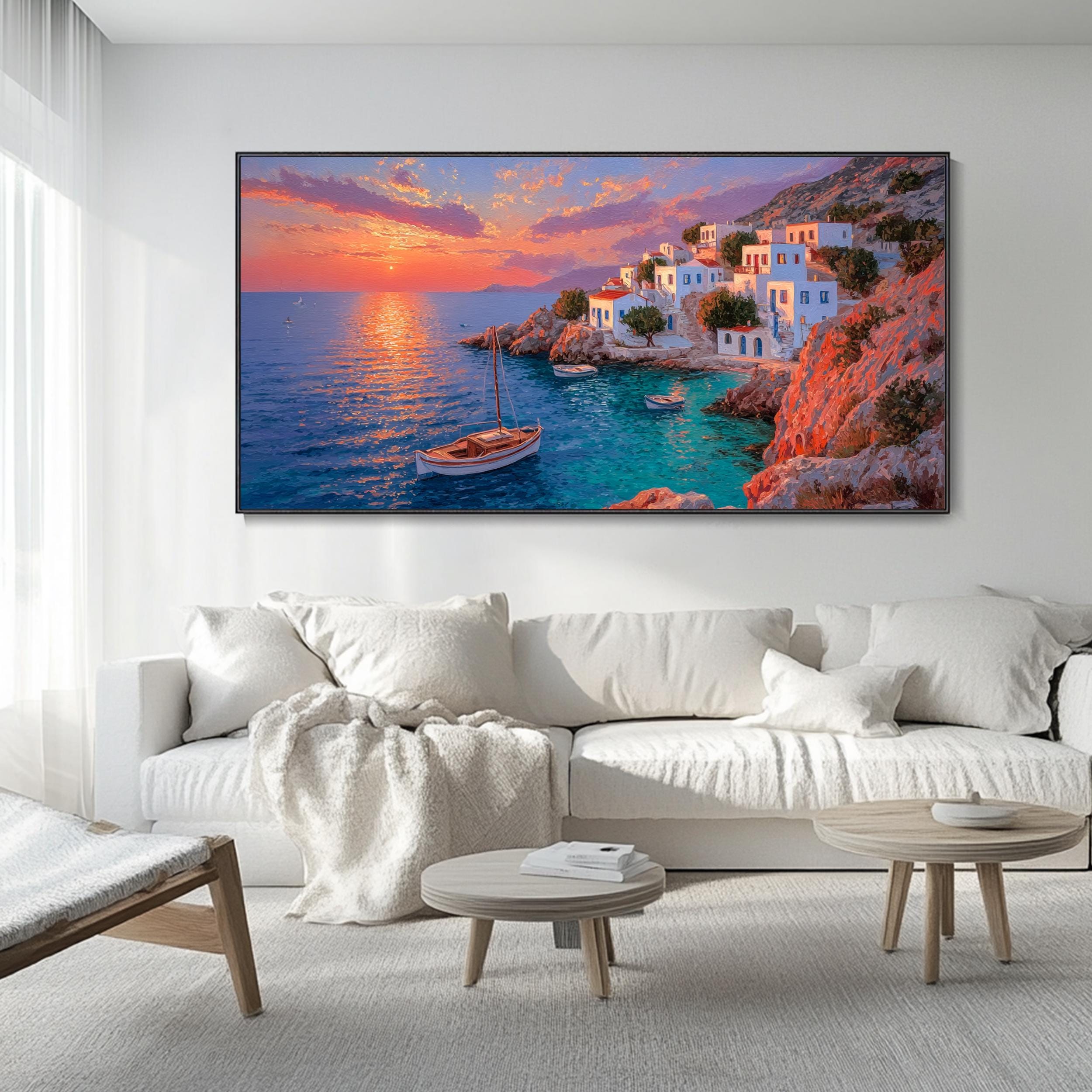 澄んだ青い海のキャンバス油絵抽象的な日の出/日没の海のテクスチャ