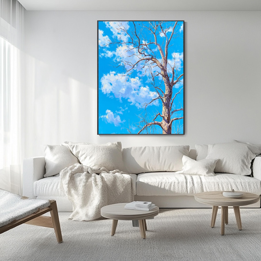 Abstract Dead Tree Oil Painting Blue Sky Hand Canvas Art 3D Texture ...