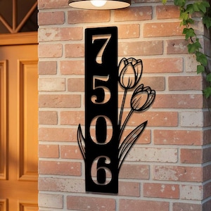 Custom Floral House Number Sign, Custom Metal Address Sign, Vertical House Number Sign, Metal Address Sign with Flower, Outdoor Address Sign