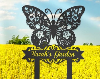 Personalized Butterfly Garden Sign With Stake, Butterfly Metal Sign, Custom Flower Bed Sign, Garden Decor, Yard Art, Housewarming Gift