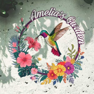 Personalized Colorful Hummingbird Garden Sign, Custom Garden Name Sign, Hummingbird Floral Garden Sign, Floral Garden Sign