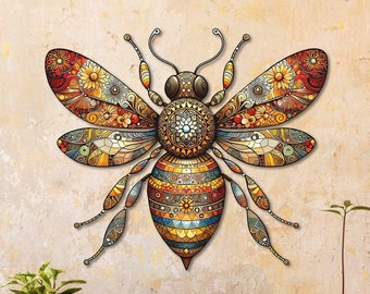 May include: A colorful, intricate bee design with a mandala-like pattern on its body and wings. The bee is made of various colors, including red, orange, yellow, green, blue, and purple. The bee is set against a beige background.
