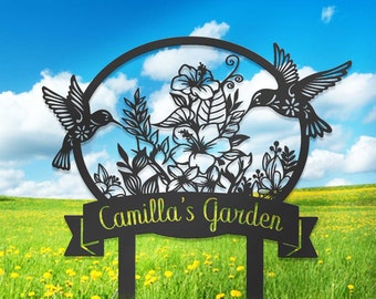 Custom Hummingbird Garden Sign with Stakes, Metal Hummingbird, Personalized Garden Name Sign, Garden Decor, Gift for Mom, Yard Art