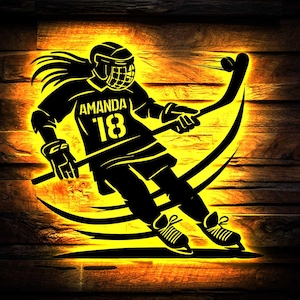 Custom Female Ice Hockey Metal Sign with Led lights, Personalized Hockey Player Name Sign, Female Hockey Sign, Gift for Hockey Player