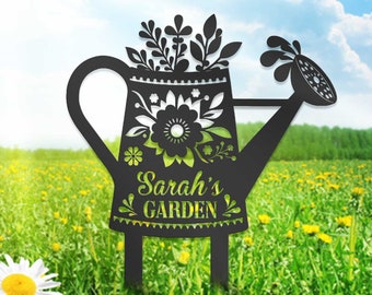 Letrero de jardín personalizado con estaca, estaca de metal, decoración de jardín, arte para el jardín, letrero personalizado con nombre, regalo para jardineros, letrero con estaca