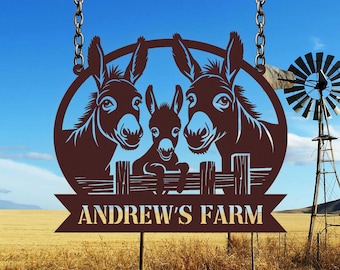 Custom Donkey Farm Metal Sign, Donkey Family Sign, Custom Donkey Farm Name Sign, Donkey Barn Sign, Farmhouse Decor, Gift for Farmer