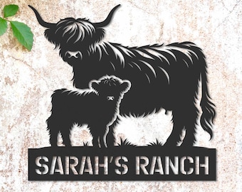 Custom bord Highland Cow Farm, metalen bord Highland Cow, decor boerderij, decor boerderij, bord koedeurhanger, bord familienaam