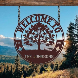Cartello in metallo personalizzato con albero di acero, arte murale con albero di acero, cartello personalizzato con nome di famiglia, decorazione murale con albero, cartello con natura, decorazione con albero, regalo canadese