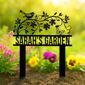 Décoration de jardin en métal personnalisée, piquet de jardin de fleurs, oiseau avec panneau de jardin de fleurs, cadeau pour jardiniers, panneau de jardin en métal fleurs et oiseaux