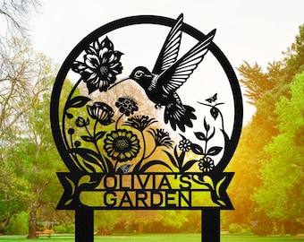 Custom Hummingbird Metal Garden Stake, Custom Garden Name Sign, Hummingbird Sign, Custom Garden Sign, Garden Decor, Gift for Mom
