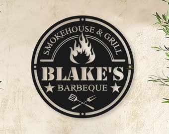 Custom Barbeque Metal Wall Art, Personalized BBQ Metal Sign, Smokehouse Metal Sign, BBQ Decor,  BBQ Grill Sign, Outdoor Decor, Dad Gift