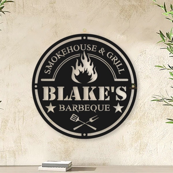 Custom Barbeque Metal Wall Art, Personalized BBQ Metal Sign, Smokehouse Metal Sign, BBQ Decor,  BBQ Grill Sign, Outdoor Decor, Dad Gift