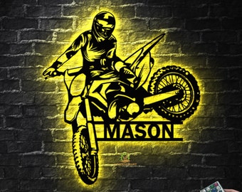 Aangepaste metalen bord crossmotor met led-verlichting, gepersonaliseerde motorcross biker metalen muurkunst, cadeau motorrijder, cadeau motorrijder, teken mangrot