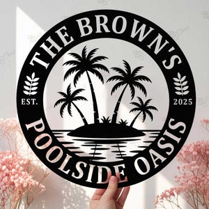 Custom Poolside Oasis Sign, Poolside Oasis Metal Wall Art, Backyard Pool Metal Sign, Outdoor Patio or Pool Decor, Housewarming Gift