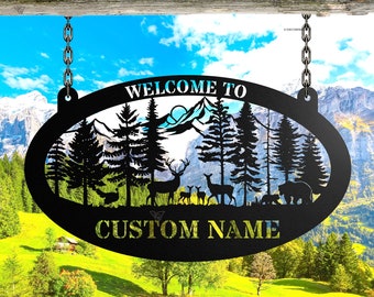 Letrero metálico personalizado para cabaña, letrero metálico de ciervo personalizado, letrero con nombre de familia personalizado, decoración de cabaña, regalo de caza, decoración de exteriores, letrero de ciervo y pavo