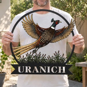 Personalized Pheasant Metal Sign, Custom Family Name Wall Art, Hunting Lodge Decor, Bird Hunter Gift, Rustic Outdoor Sign