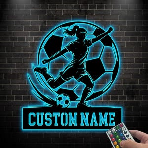Custom Female Soccer Player LED Light Sign, Soccer Metal Wall Sign, Football Metal Wall Art, Soccer Gift for Girls, Football Player Gift