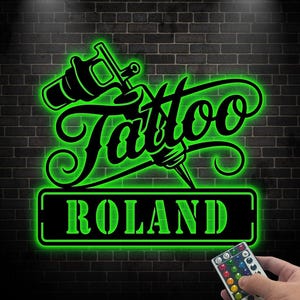 Custom Tattoo Machine Metal LED Sign, Personalized Tattoo Studio Wall Art, Tattoo Shop Decor, Gift for Tattoo Artists, Man Cave Sign