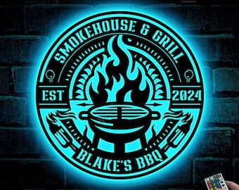 Personalized Barbeque Metal Sign with Led lights, BBQ Metal Wall Art, Dad Gifts, Smokehouse Metal Sign, Outdoor Decor, BBQ Grill Metal Sign