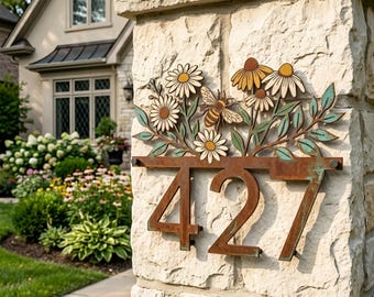 Custom Floral Address Sign, Personalized Metal House Number Plaque, Bee Flower Outdoor Wall Decor, Front Porch Sign,Housewarming Gift