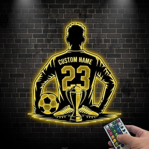 Personalized Soccer Player LED Sign, Soccer Metal Sign, Football Wall Decor, Soccer Player Sign with Ball & Trophy, Gift for Kids or Teens