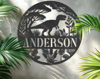 Aangepaste dinosaurus metalen bord, dinosaurus naambord, decor T-rex, T-rex cadeau, Jurassic Sign, Jurassic Decor, decor kinderkamer, decor jongenskamer