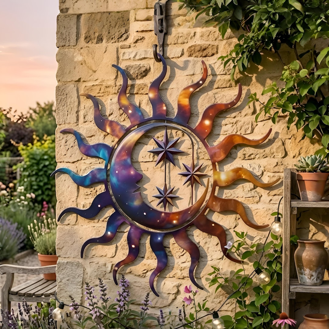 Sun and Moon Metal Wall Art, Colorful Celestial Outdoor Decor, Garden ...