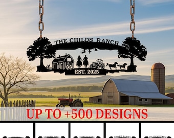 May include: Black metal sign with the text "THE CHILDS RANCH" and "EST. 2025". The sign depicts a farm scene with a barn, horses, and trees. It hangs from a wooden beam with chains. The text "UP TO +500 DESIGNS" is also visible.