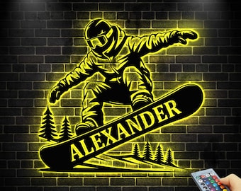 Custom Snowboarding Metal Wall Art LED Lights,Snowboard Name Sign, Snowboarder Mountain Decor,Birthday Gift, Sport Gift