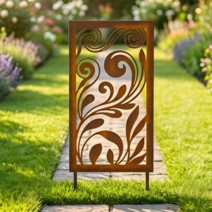 May include: A rectangular, rusty-brown metal garden screen with a decorative floral design. The screen features cut-out swirls, leaves, and stems. Two metal legs support the screen, which is set in a grassy area with a stone path.